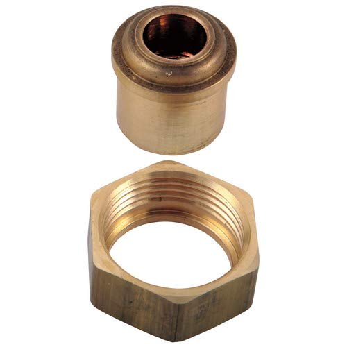 Brass coupling nut and tailpiece set with hexagonal nut and cylindrical connector for tub and shower installation.
