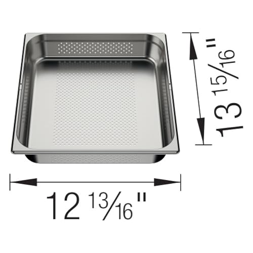 Stainless steel sink colander with perforated bottom, measuring 12 13/16" wide by 13 5/16" deep.