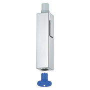 Chrome pull-out spray head with rectangular body, side handle, and blue mounting base.