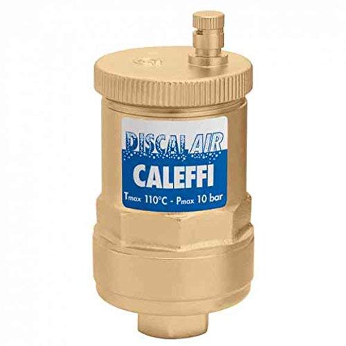Brass automatic air vent with ribbed cap and small outlet valve on top, blue and white DISCAL AIR CALEFFI label.
