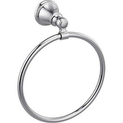 Chrome towel ring with circular design and wall-mounted bracket attachment.