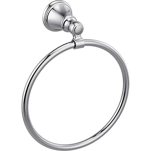 Chrome towel ring with circular design and wall-mounted bracket attachment.