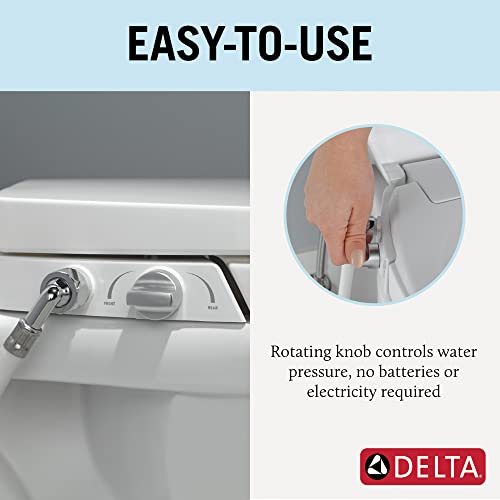White elongated bidet seat with manual rotating knob control and side lever handle.