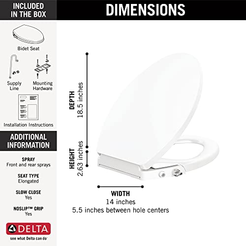 White elongated bidet seat with manual controls, dimensions 14 inches wide by 18.5 inches deep.