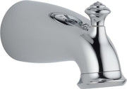 Chrome tub spout with pull-up diverter and decorative finial top on curved escutcheon plate.