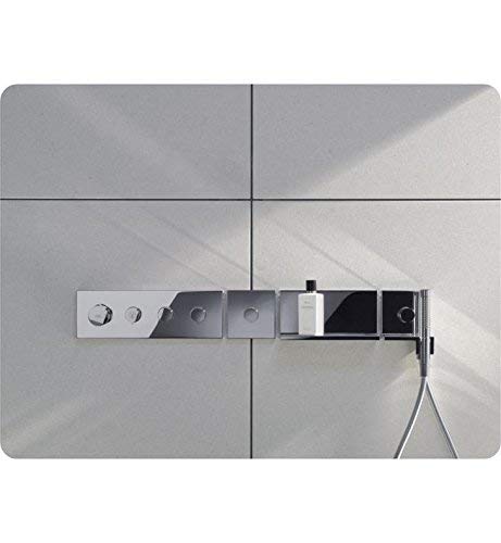 Chrome Starck Baton handshower with 2-jet spray pattern mounted on wall with control knobs and hose.