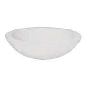 Pearl white round vessel sink with curved bowl shape and wide rim.