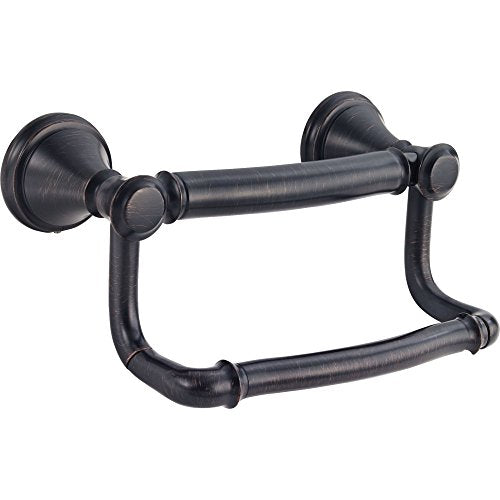 Oil-rubbed bronze tissue holder with dual assist bars and round wall-mounted flanges.