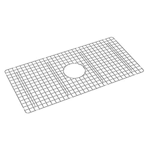 Stainless steel wire sink grid with small square mesh pattern and oval center drain opening.