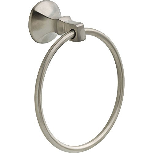 Brushed nickel towel ring with circular metal band and wall-mounted round backing plate.