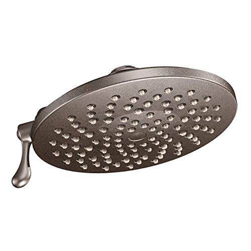Brushed gold 8-inch round rainshower head with multiple spray jets and control lever.