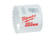 Milwaukee HOLE DOZER bi-metal hole saw with serrated cutting edge and white cylindrical body with red branding.