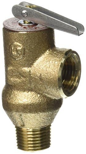 Brass temperature and pressure relief valve with lever handle and threaded inlet connection.