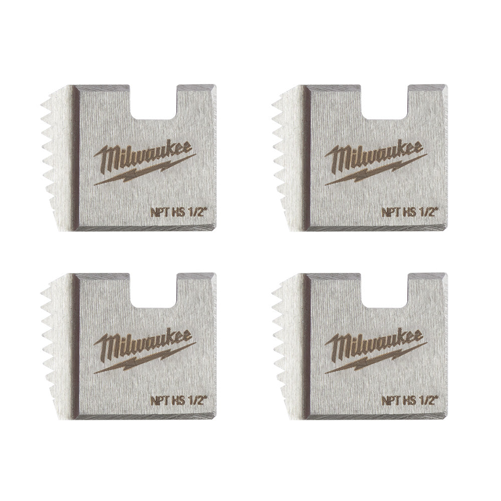 Four Milwaukee 1/2" NPT HS pipe threading dies with textured metal surfaces and engraved branding.