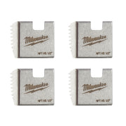 Four Milwaukee 1/2" NPT HS pipe threading dies with textured metal surfaces and engraved branding.