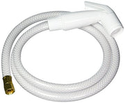 White pull-down spray head with braided hose and brass connector fitting.