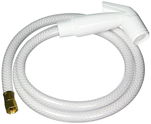 White pull-down spray head with braided hose and brass connector fitting.