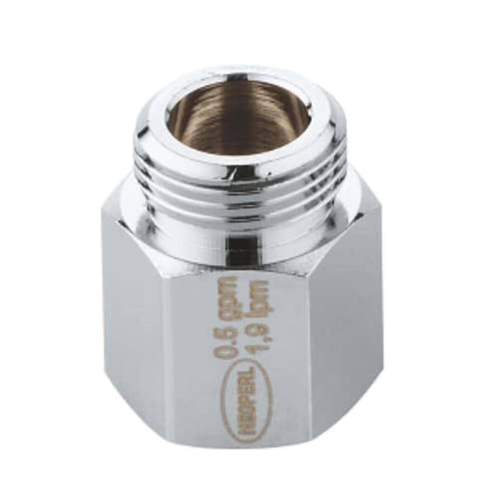 Chrome-plated hexagonal adapter fitting with threaded male connection and hollow center opening.