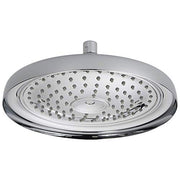 Chrome 11-inch round raincan shower head with multiple spray holes and center outlet connection.