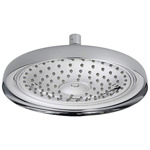Chrome 11-inch round raincan shower head with multiple spray holes and center outlet connection.