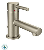 Brushed nickel single-handle low-arc bathroom faucet with cylindrical body and extended spout.