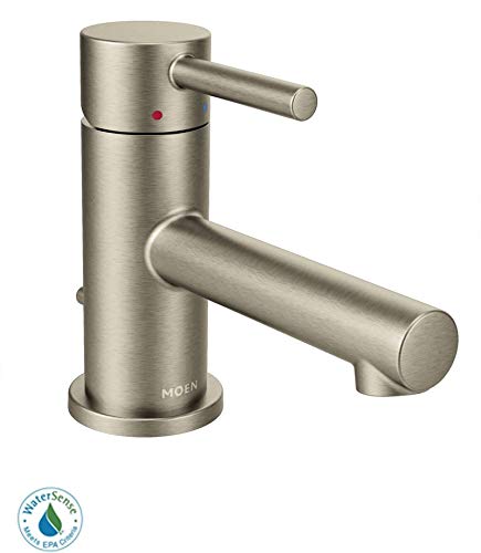 Brushed nickel single-handle low-arc bathroom faucet with cylindrical body and extended spout.
