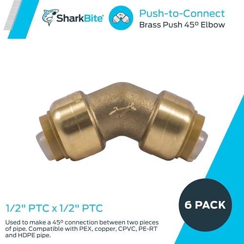 Brass 45-degree elbow connector with push-to-connect ends, 1/2 inch size.