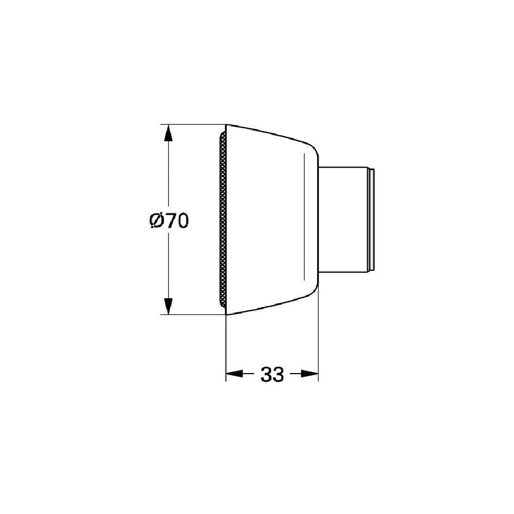 Chrome escutcheon covering with 70mm diameter and 33mm width for Grohe repair applications.