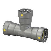 Carbon steel press tee fitting with zinc-nickel coating and yellow indicator markings on three connection points.