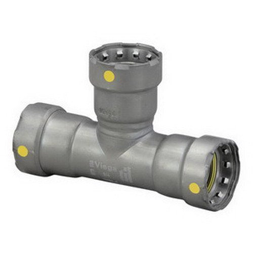 Carbon steel press tee fitting with zinc-nickel coating and yellow indicator markings on three connection points.