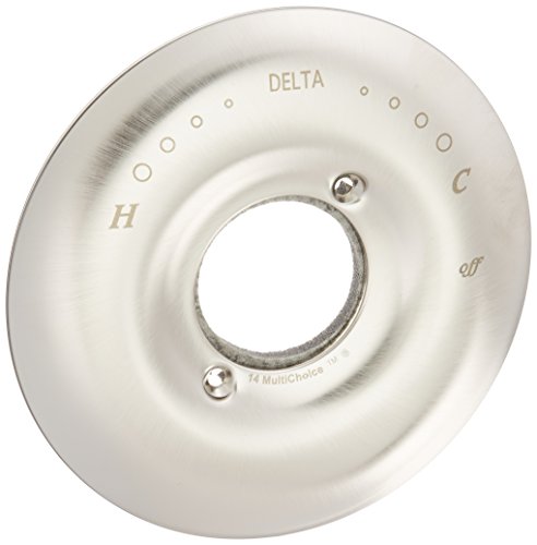 Stainless steel circular escutcheon with temperature markings and central opening for faucet installation.