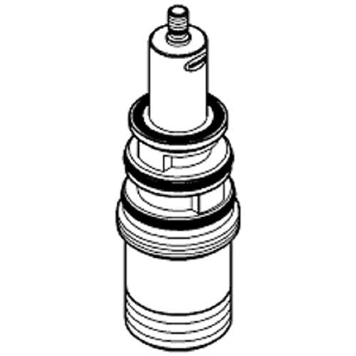 Chrome diverter cartridge with threaded connections and control stem for plumbing valve installation.