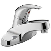 Chrome single-handle bathroom faucet with curved spout and red temperature indicator dot.