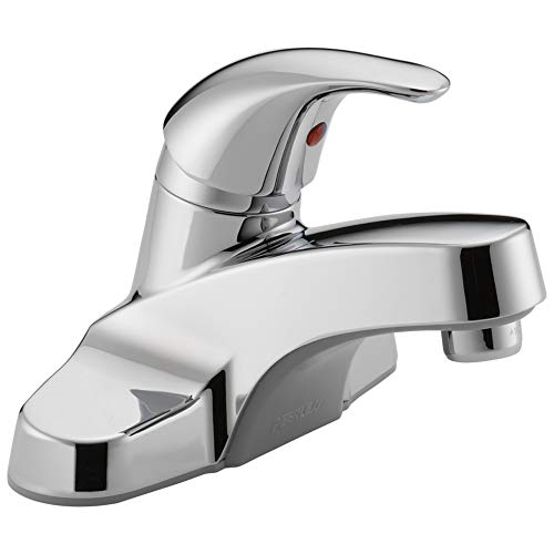 Chrome single-handle bathroom faucet with curved spout and red temperature indicator dot.