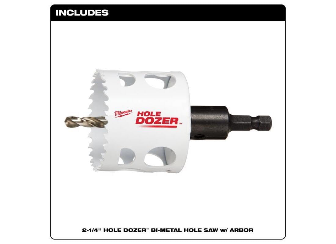 Milwaukee HOLE DOZER 2-1/4" bi-metal hole saw with arbor and drill bit.
