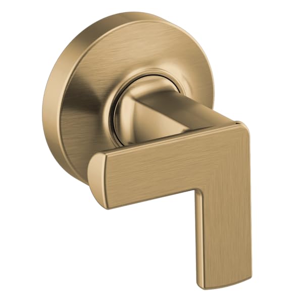 Brushed gold wall-mounted tub filler valve with angular cross handle and circular trim plate.