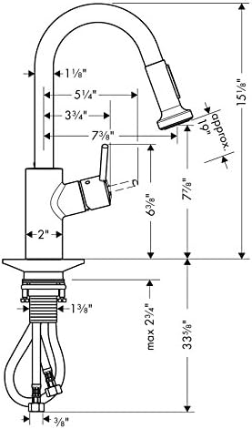 Chrome kitchen faucet with arched spout, pull-down spray head, and deck-mounted base with dimensions labeled.