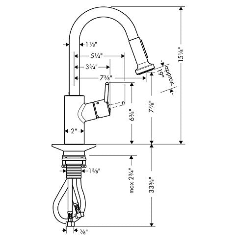 Hansgrohe Talis S2 prep kitchen faucet with pull-down spray head in steel optic finish, shown with dimensional specifications