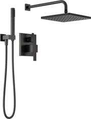 Matte black shower system with square raincan showerhead, hand shower on hose, wall-mounted control valve and trim.