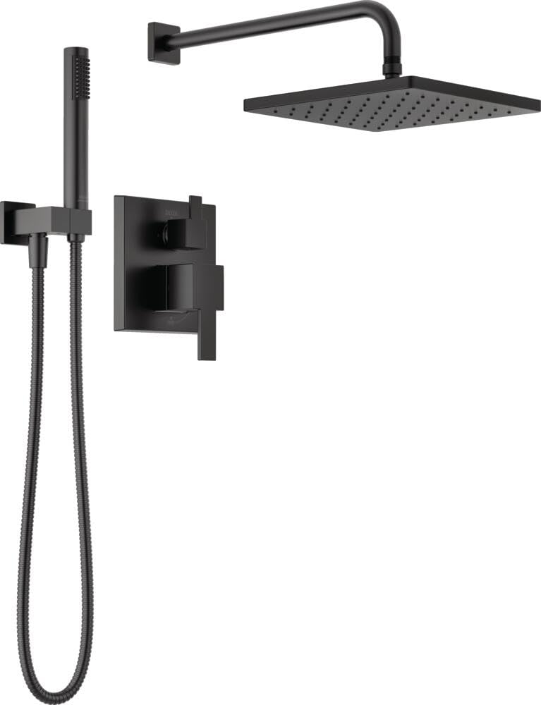 Matte black shower system with square raincan showerhead, hand shower on hose, wall-mounted control valve and trim.