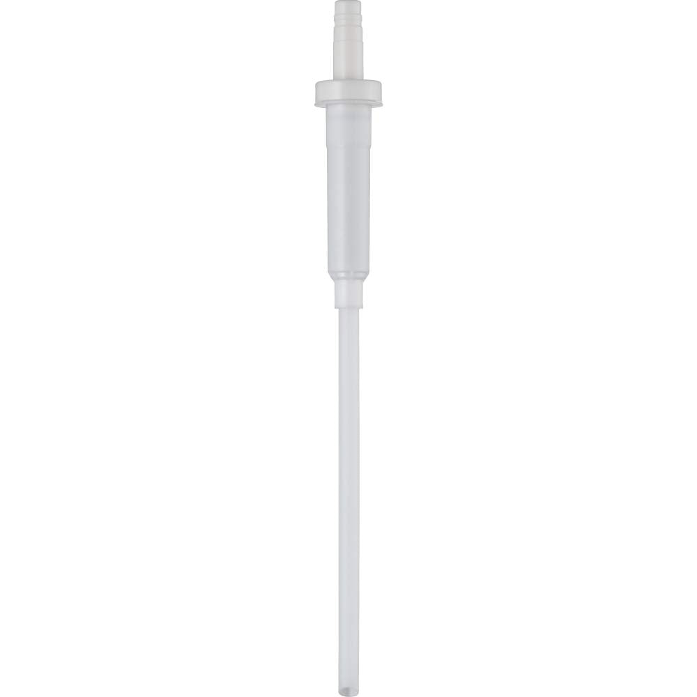White plastic pump assembly with cylindrical body and narrow dispensing tube for soap or lotion.