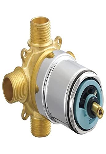 Brass pressure balance valve body with threaded ports, cartridge mechanism, and adjustment dial.
