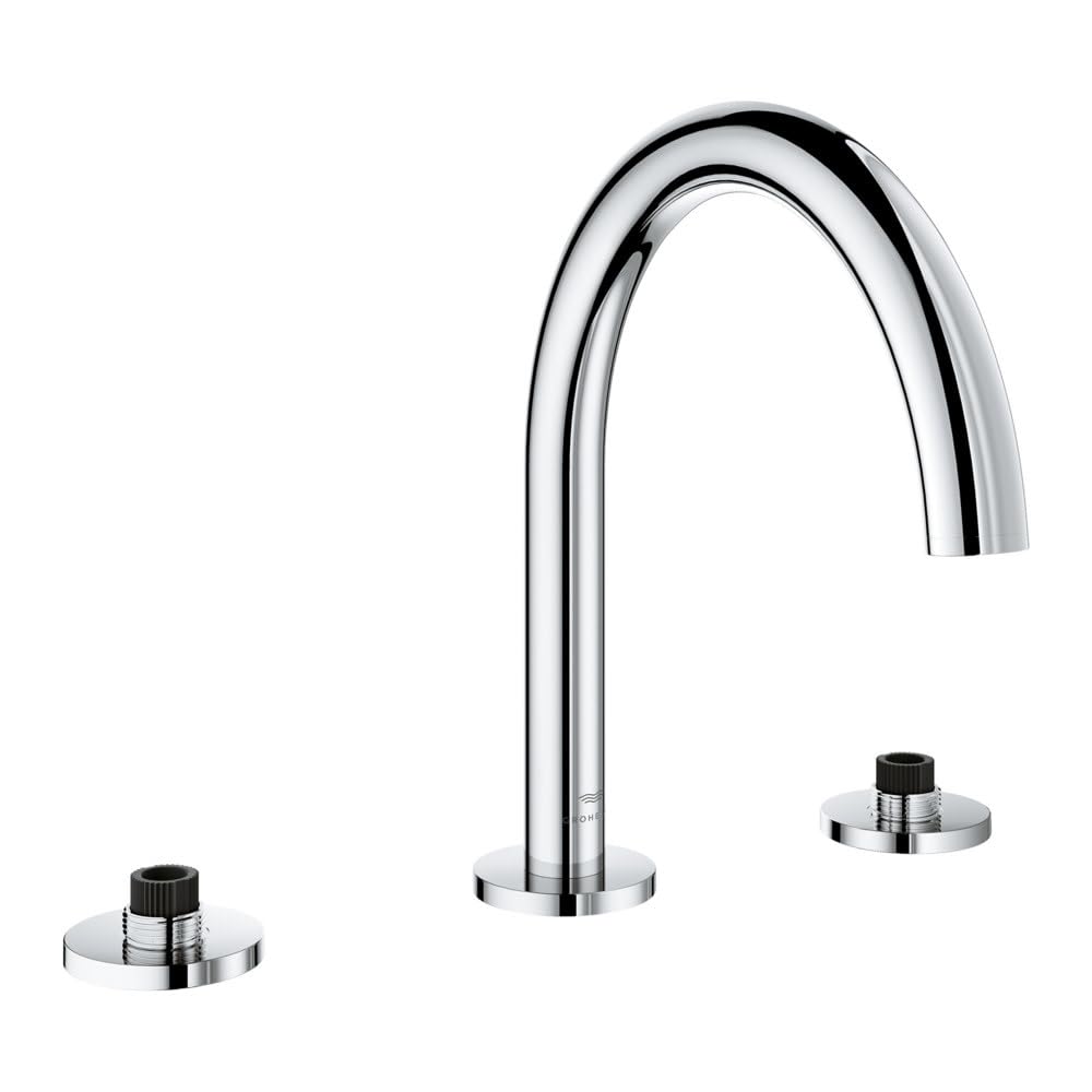 Chrome roman tub faucet with curved spout and two black handles on circular bases.