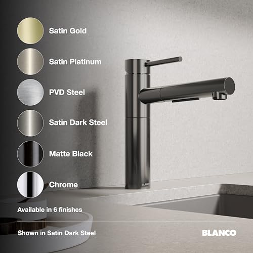 Tall pull-out kitchen faucet with single lever handle in satin dark steel finish, shown with six available finish options dis