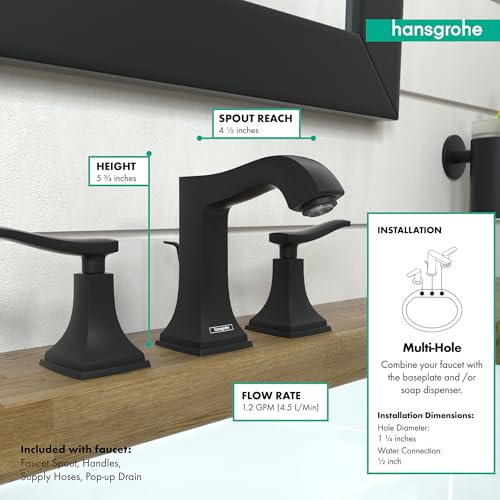 Matte black three-hole widespread bathroom faucet with lever handles, curved spout, and pop-up drain, shown with dimension an