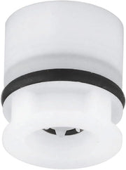 White cylindrical non-return valve with black rubber seal and internal flap mechanism visible.