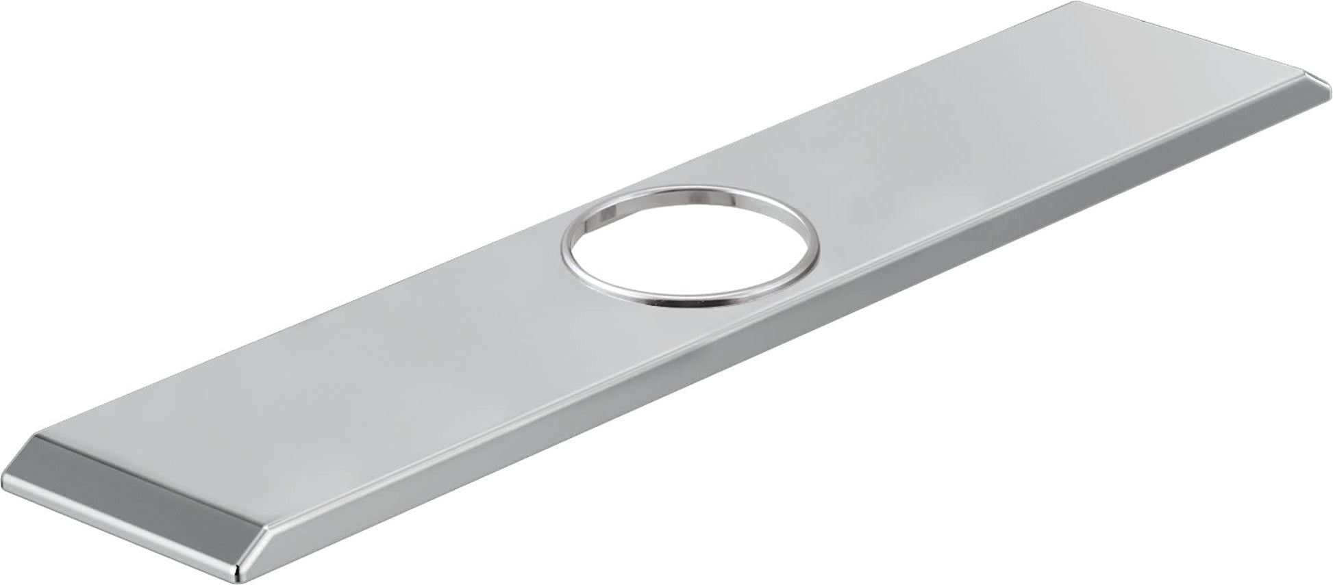 Chrome finish 8 inch escutcheon with circular opening and mounting hardware studs for Delta Pivotal faucet.