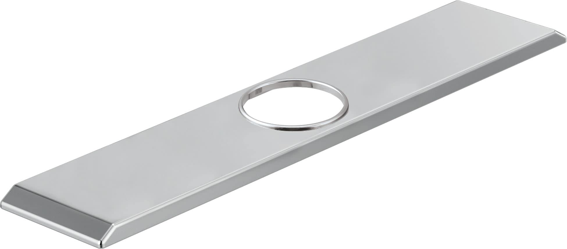 Chrome finish 8 inch escutcheon with circular opening and mounting hardware studs for Delta Pivotal faucet.