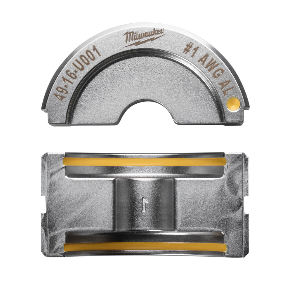 Milwaukee #1 U-style aluminum die with curved top and rectangular base, marked with model number and yellow indicator dot.