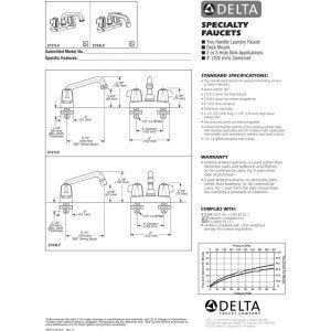 Chrome Delta laundry faucet with two blade handles and installation diagram.